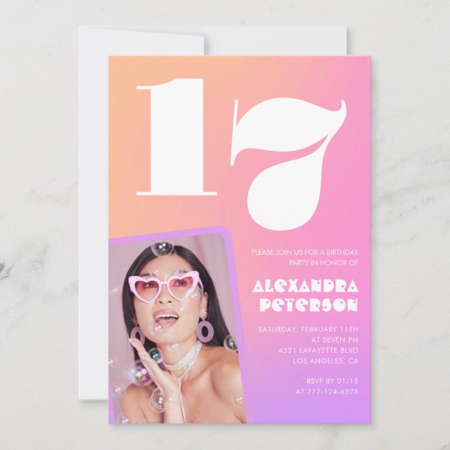Cartes d'invitation d'anniversaire 17 ans rose pou (Devant)