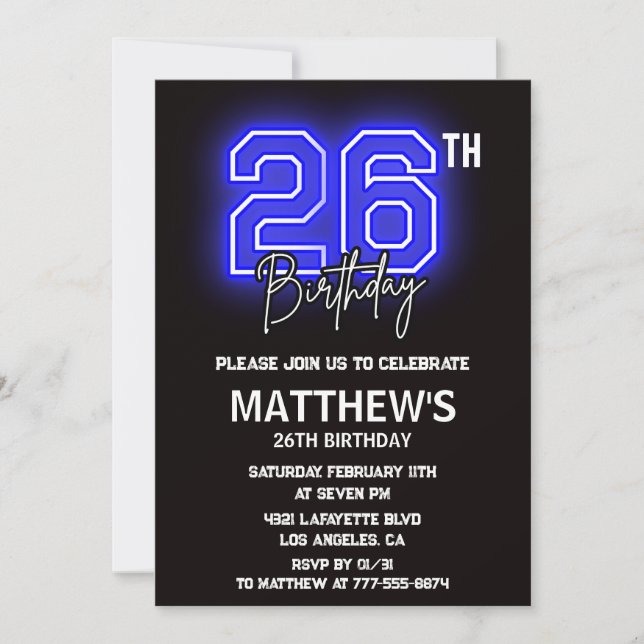 Cartes d'invitation d'anniversaire 26 ans Neon Bla (Devant)