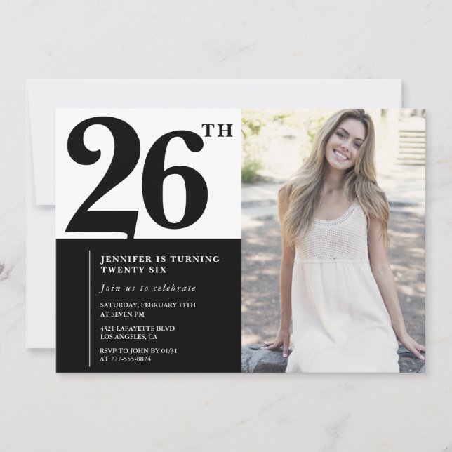 Cartes d'invitation d'anniversaire 26 ans photo no (Devant)