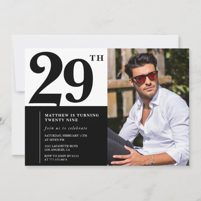 Cartes d'invitation d'anniversaire 29 ans noir et  (Devant)