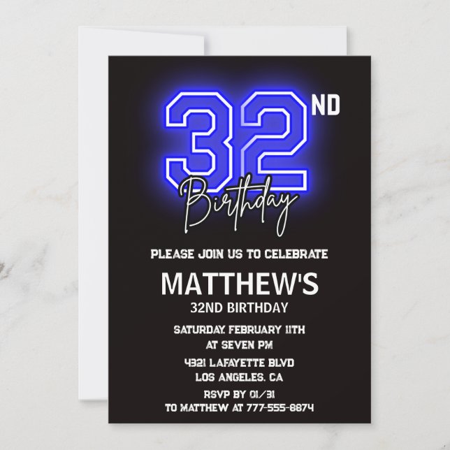 Cartes d'invitation d'anniversaire 32 ans Neon Bla (Devant)