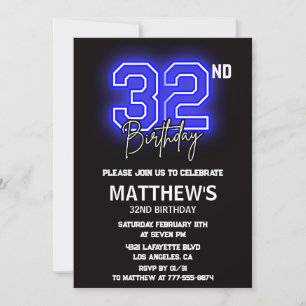 Cartes d'invitation d'anniversaire 32 ans Neon Bla