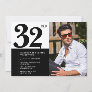 Cartes d'invitation d'anniversaire 32 ans noir et