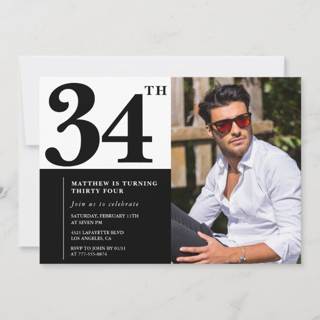 Cartes d'invitation d'anniversaire 34 ans en noir  (Devant)