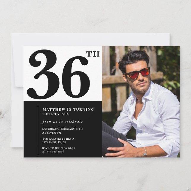 Cartes d'invitation d'anniversaire 36 ans en noir  (Devant)