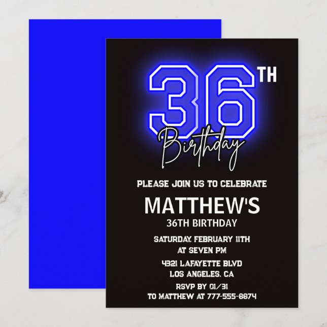 Cartes d'invitation d'anniversaire 36 ans Neon Bla (Devant / Derrière)
