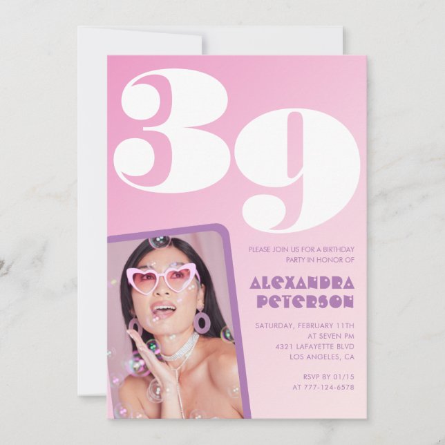 Cartes d'invitation d'anniversaire 39 ans Rose Pho (Devant)