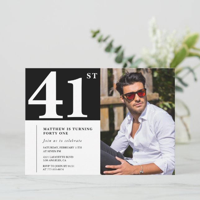 Cartes d'invitation d'anniversaire 41 ans Noir et  (Debout devant)