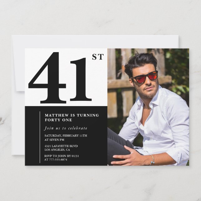 Cartes d'invitation d'anniversaire 41 ans noir et  (Devant)