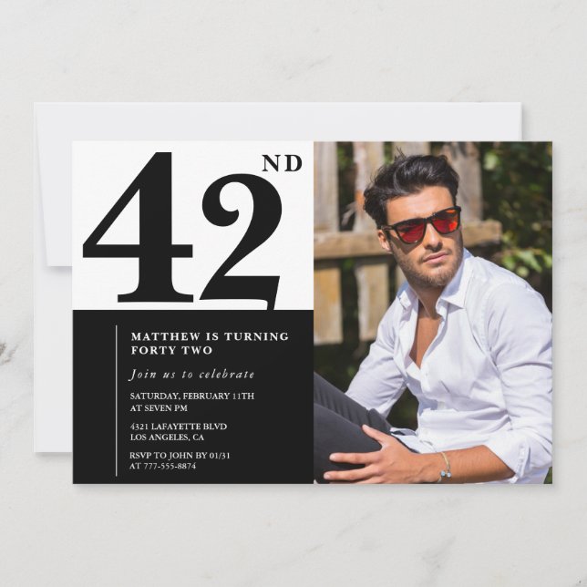 Cartes d'invitation d'anniversaire 42 ans noir et  (Devant)