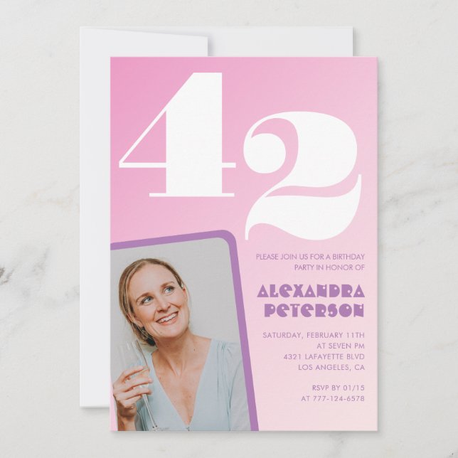 Cartes d'invitation d'anniversaire 42 ans Rose Pho (Devant)