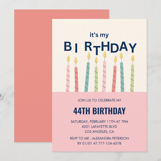 Cartes d'invitation d'anniversaire 44 ans humour B (Devant / Derrière)