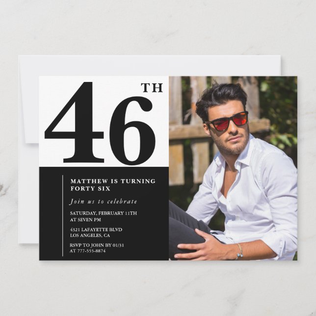 Cartes d'invitation d'anniversaire 46 ans en noir  (Devant)