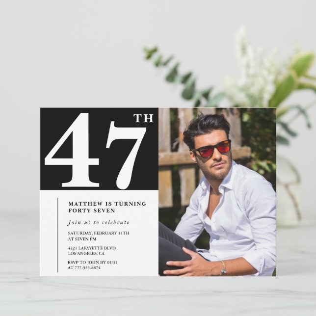 Cartes d'invitation d'anniversaire 47 ans Noir et  (Debout devant)