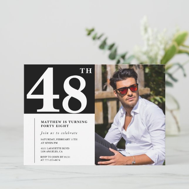Cartes d'invitation d'anniversaire 48 ans Noir et  (Debout devant)