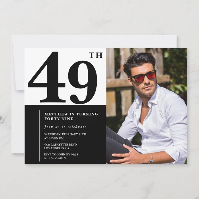 Cartes d'invitation d'anniversaire 49 ans noir et  (Devant)