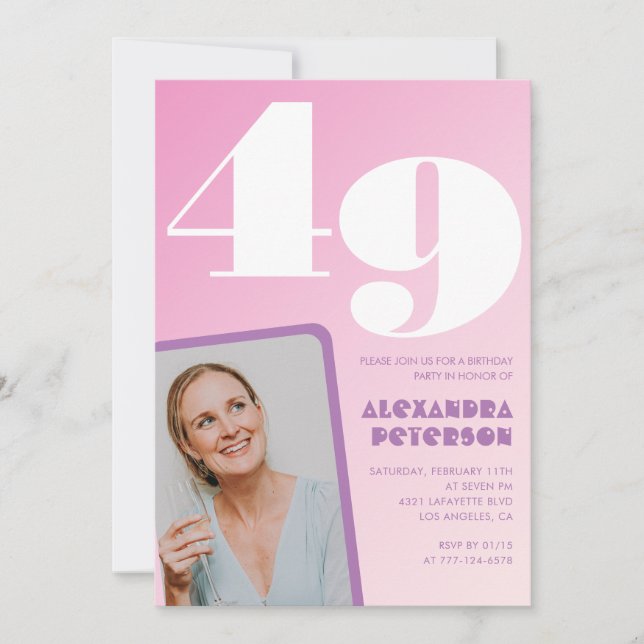 Cartes d'invitation d'anniversaire 49 ans Rose Pho (Devant)