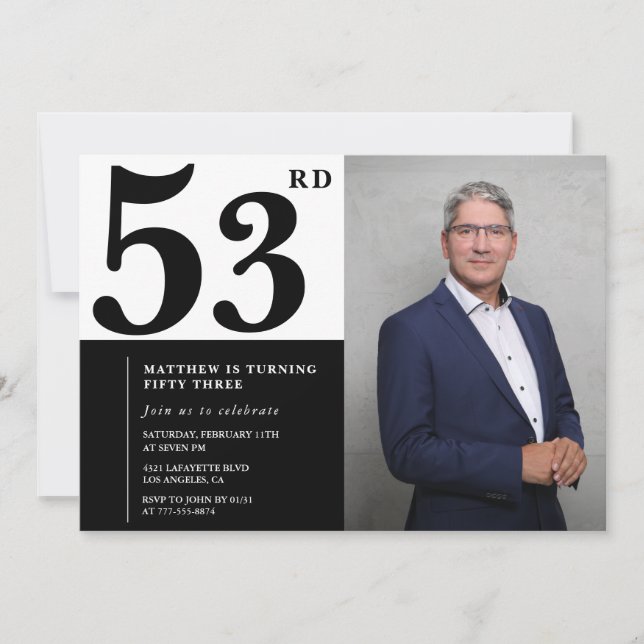 Cartes d'invitation d'anniversaire 53 ans en noir  (Devant)