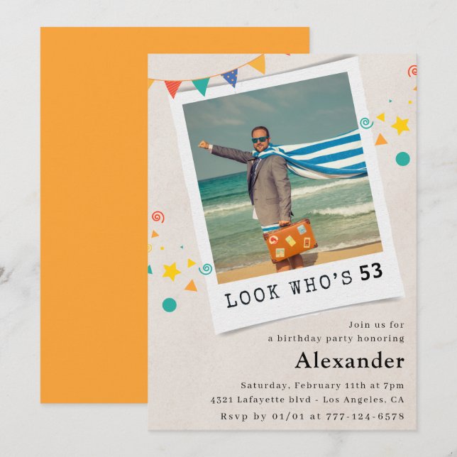 Cartes d'invitation d'anniversaire 53 ans homme dr (Devant / Derrière)