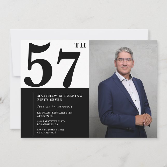 Cartes d'invitation d'anniversaire 57 ans en noir  (Devant)