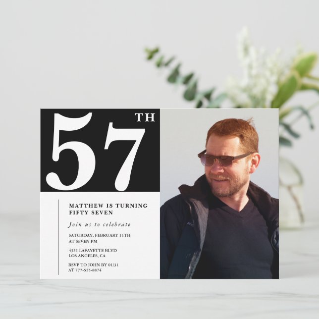 Cartes d'invitation d'anniversaire 57 ans Noir et  (Debout devant)