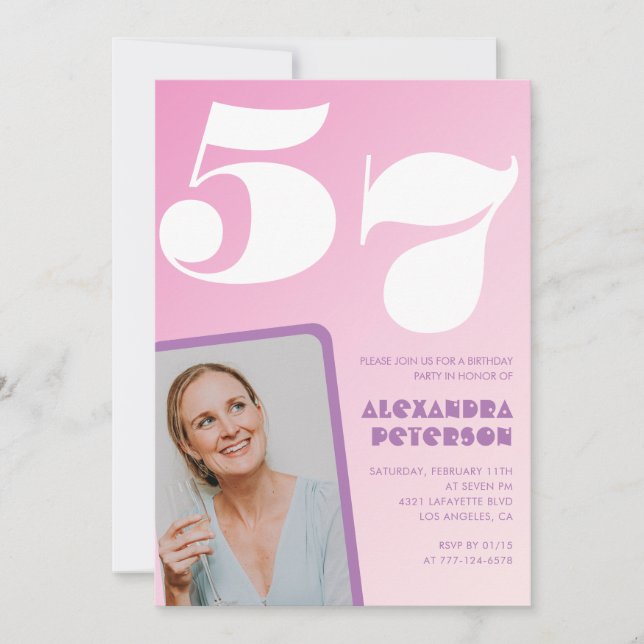 Cartes d'invitation d'anniversaire 57 ans Rose Pho (Devant)