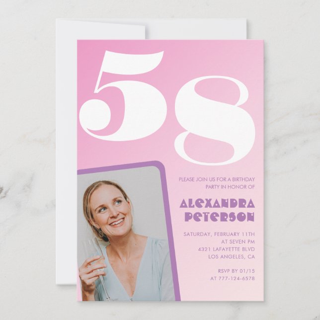 Cartes d'invitation d'anniversaire 58 ans rose Pho (Devant)