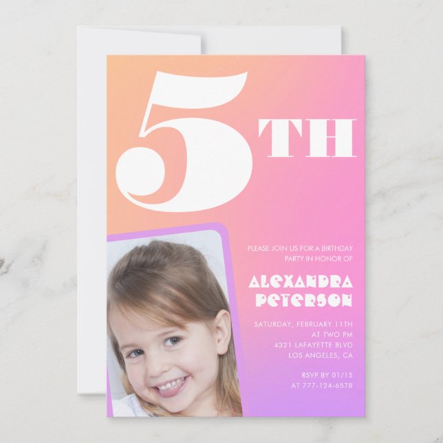 Cartes d'invitation d'anniversaire 5 ans Rose Phot (Devant)