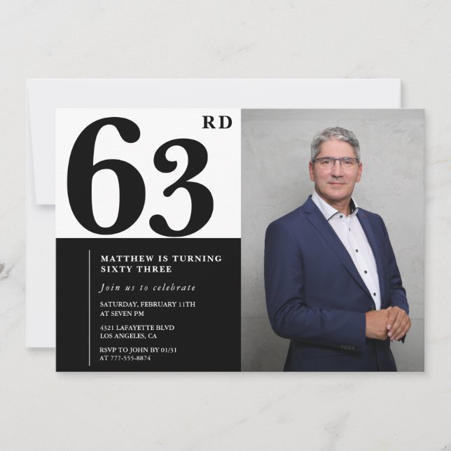 Cartes d'invitation d'anniversaire 63 ans noir et  (Devant)