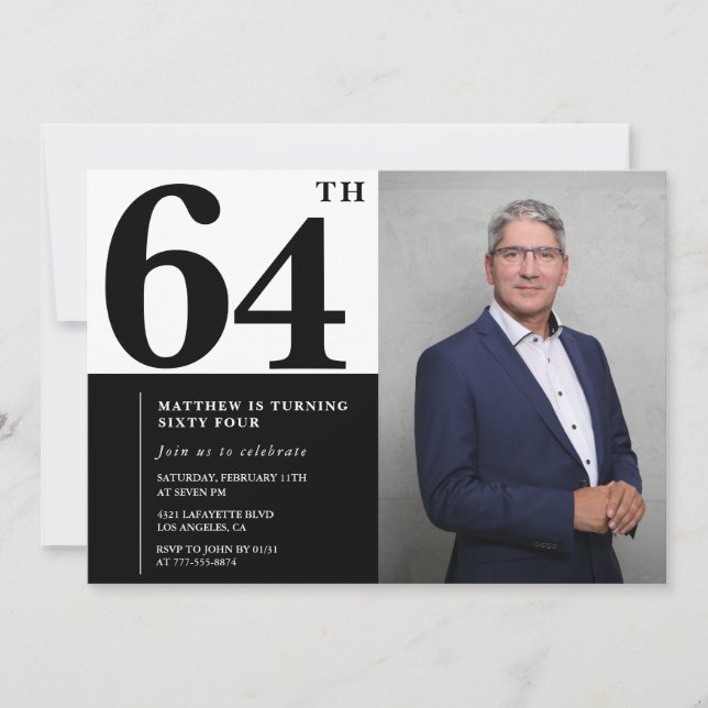 Cartes d'invitation d'anniversaire 64 ans noir et  (Devant)