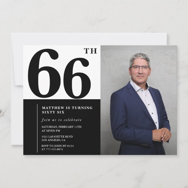 Cartes d'invitation d'anniversaire 66 ans noir et  (Devant)