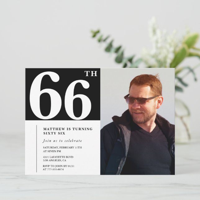 Cartes d'invitation d'anniversaire 66 ans Noir et  (Debout devant)