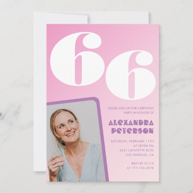Cartes d'invitation d'anniversaire 66 ans Rose Pho (Devant)