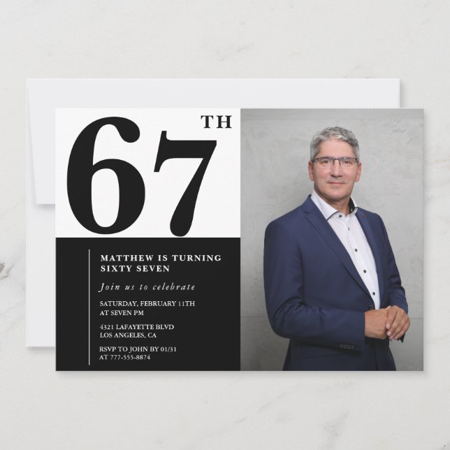 Cartes d'invitation d'anniversaire 67 ans noir et  (Devant)