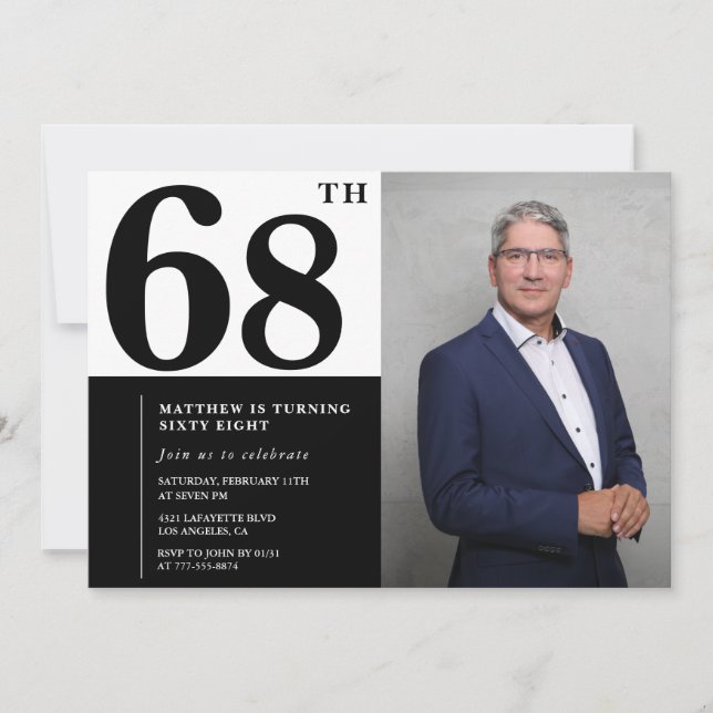 Cartes d'invitation d'anniversaire 68 ans noir et  (Devant)