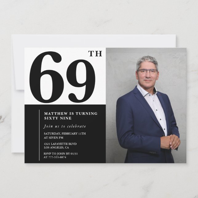 Cartes d'invitation d'anniversaire 69 ans noir et  (Devant)