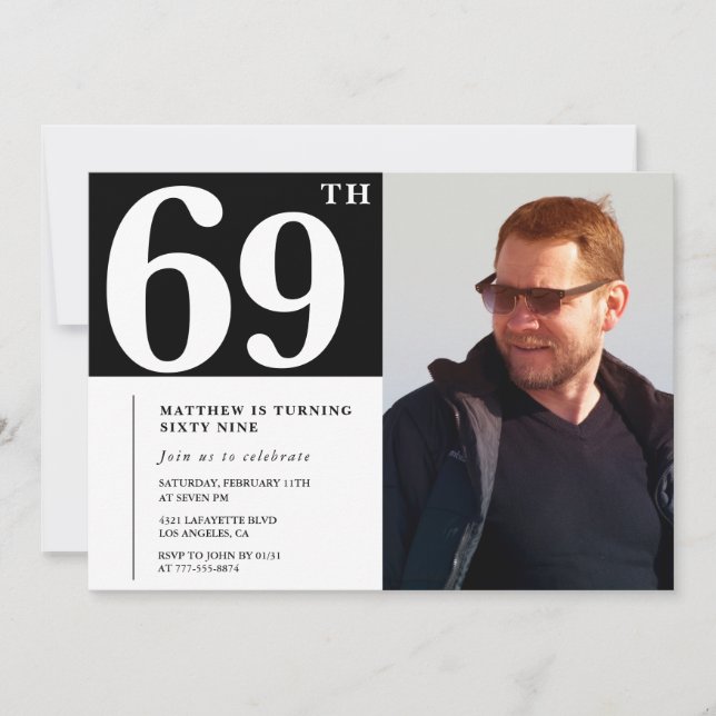 Cartes d'invitation d'anniversaire 69 ans noir et  (Devant)