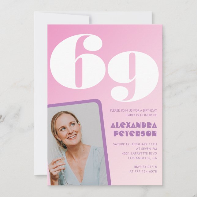 Cartes d'invitation d'anniversaire 69 ans rose Pho (Devant)