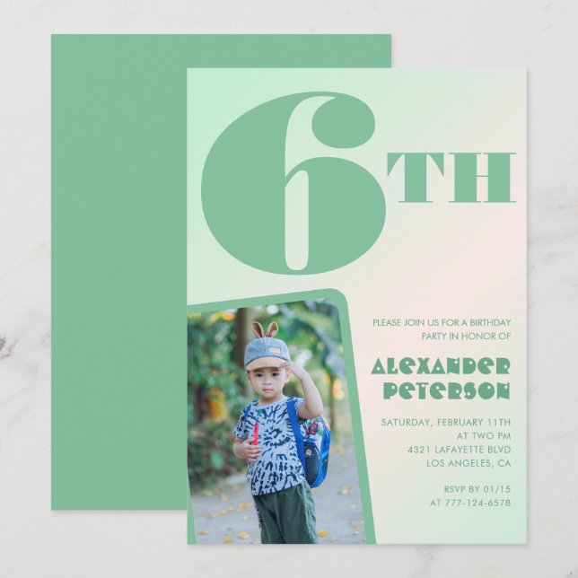 Cartes d'invitation d'anniversaire 6 ans vertes Ph (Devant / Derrière)