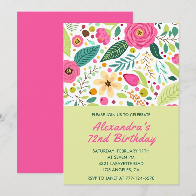 Cartes d'invitation d'anniversaire 72 ans Floral C (Devant / Derrière)