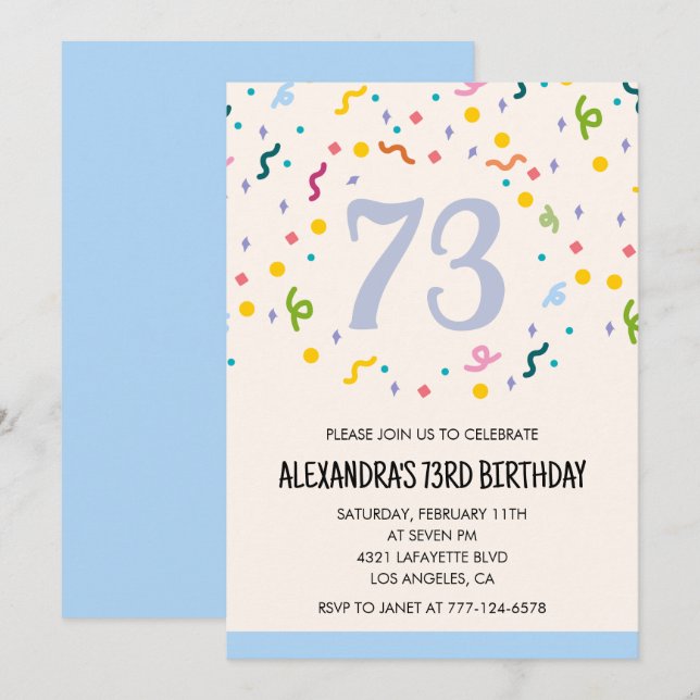 Cartes d'invitation d'anniversaire 73 ans confetti (Devant / Derrière)
