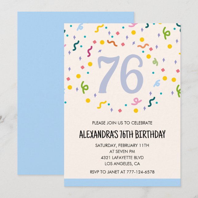 Cartes d'invitation d'anniversaire 76 ans confetti (Devant / Derrière)