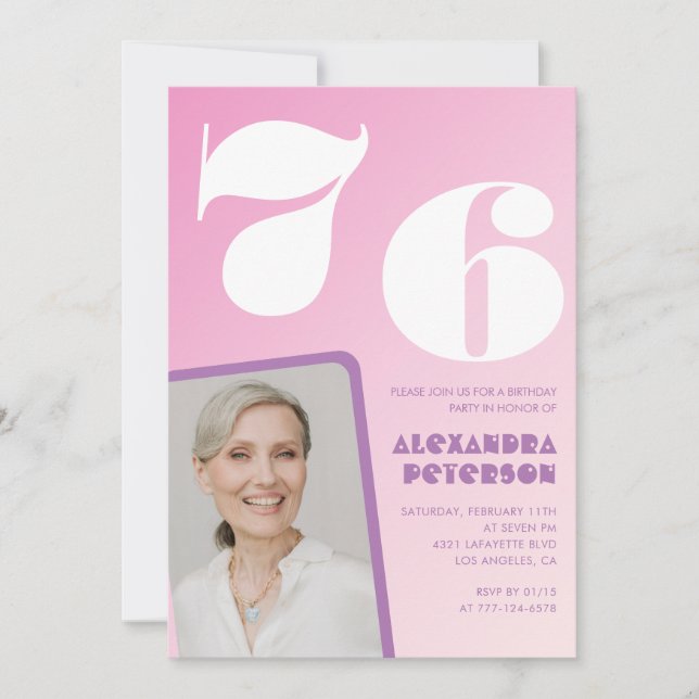 Cartes d'invitation d'anniversaire 76 ans Rose Pho (Devant)