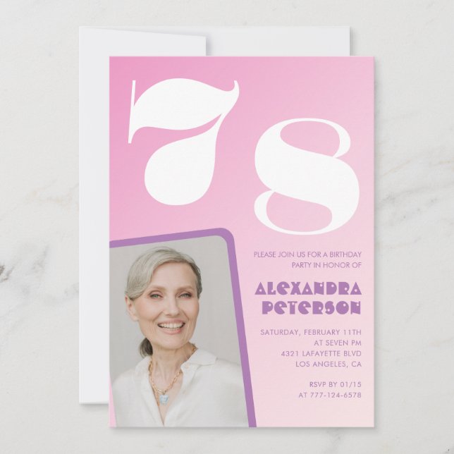 Cartes d'invitation d'anniversaire 78 ans rose Pho (Devant)