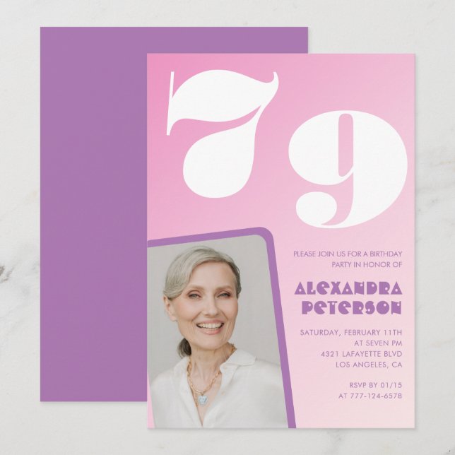Cartes d'invitation d'anniversaire 79 ans Pink Gro (Devant / Derrière)
