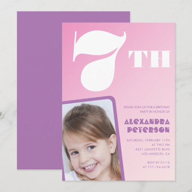 Cartes d'invitation d'anniversaire 7 ans fille ave (Devant / Derrière)