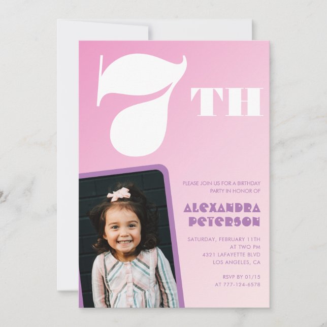 Cartes d'invitation d'anniversaire 7 ans Rose Fill (Devant)