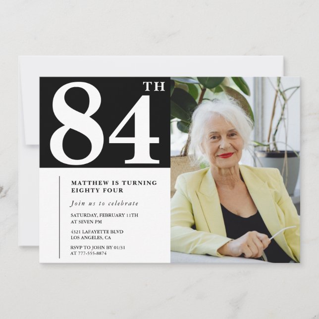 Cartes d'invitation d'anniversaire 84 ans en noir  (Devant)