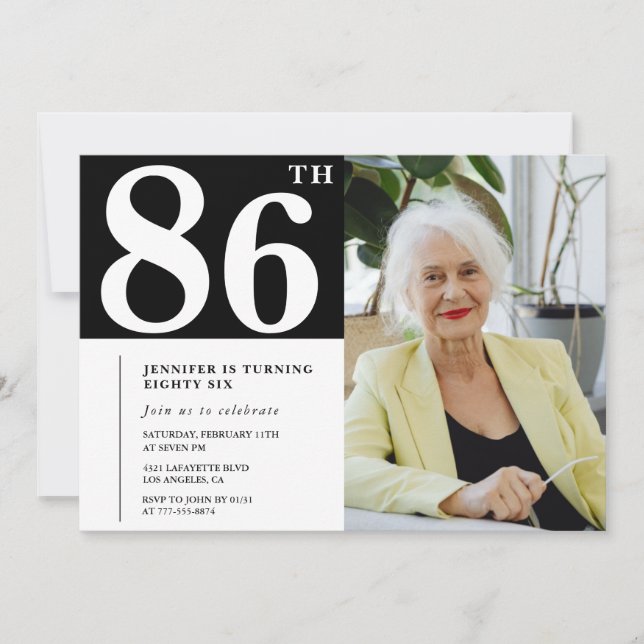 Cartes d'invitation d'anniversaire 86 ans en noir  (Devant)