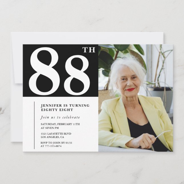 Cartes d'invitation d'anniversaire 88 ans en noir  (Devant)